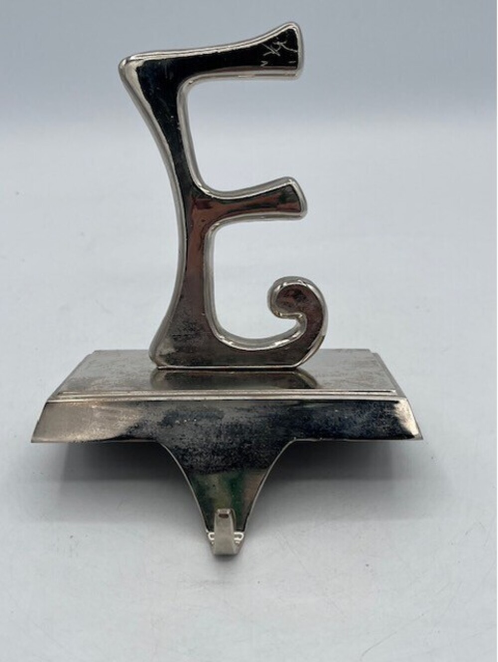 Silver Tone Letter E Initial Christmas Holiday Stocking Holder Hanger.